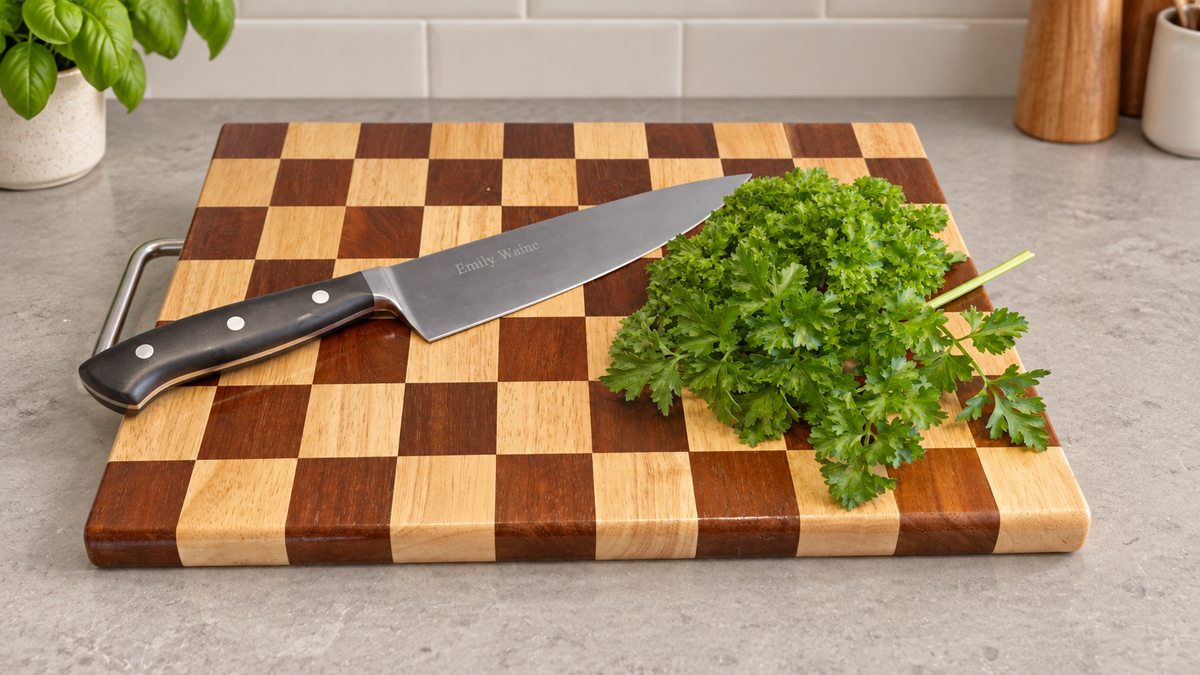 Chequered Rubberwood Chopping Board with Handle