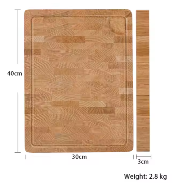 Durable red oak chopping board for carving meat.