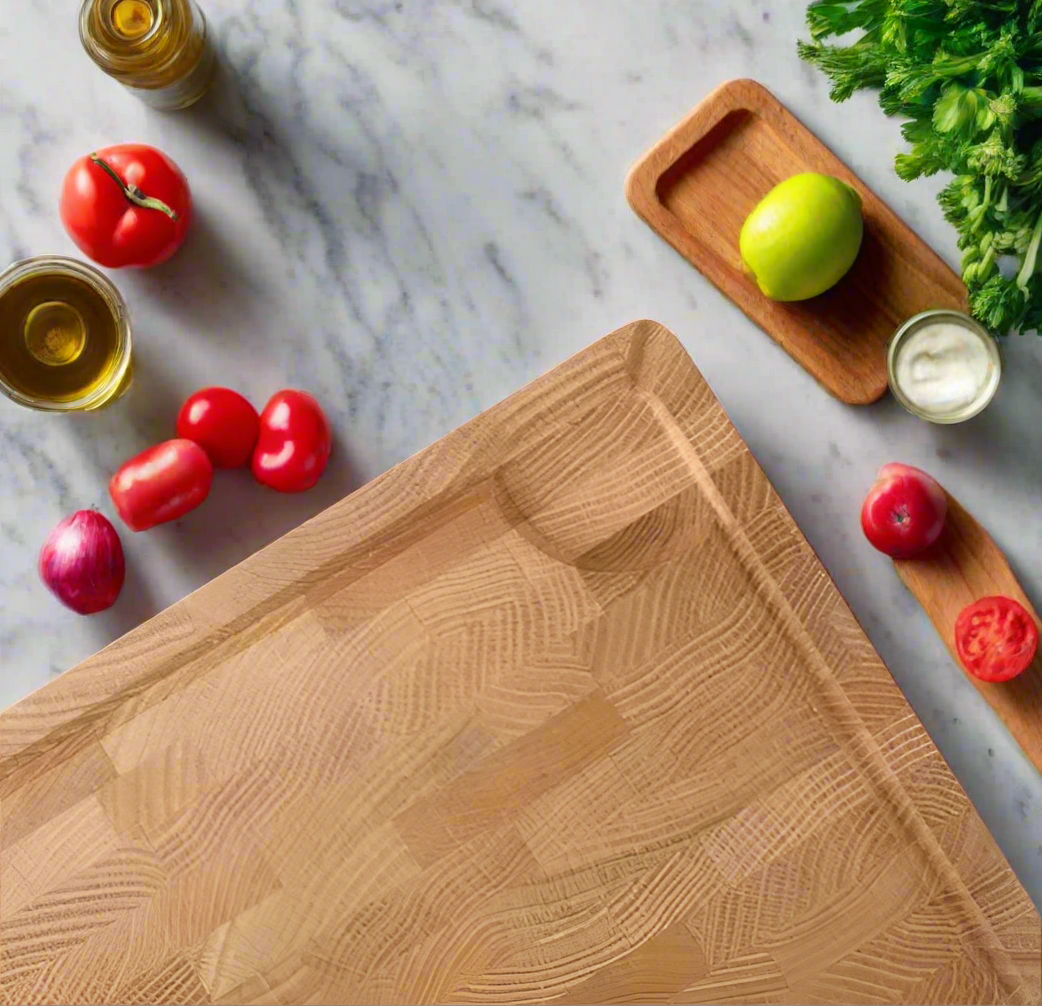 End grain wooden chopping board with vegetables