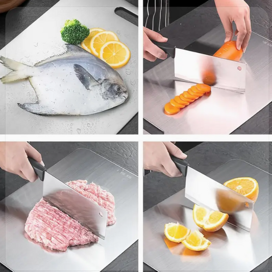 Steel carving board with meat and vegetables