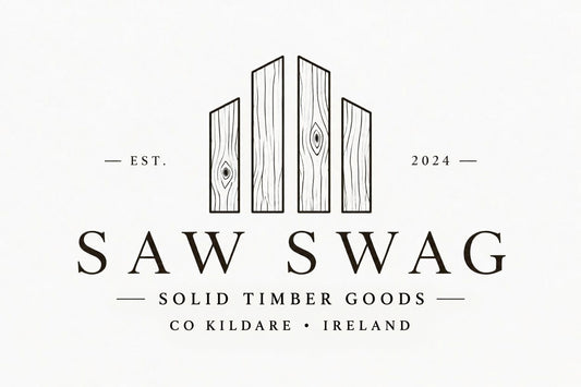 Logo for Saw Swag with wooden planks and text on a white background
