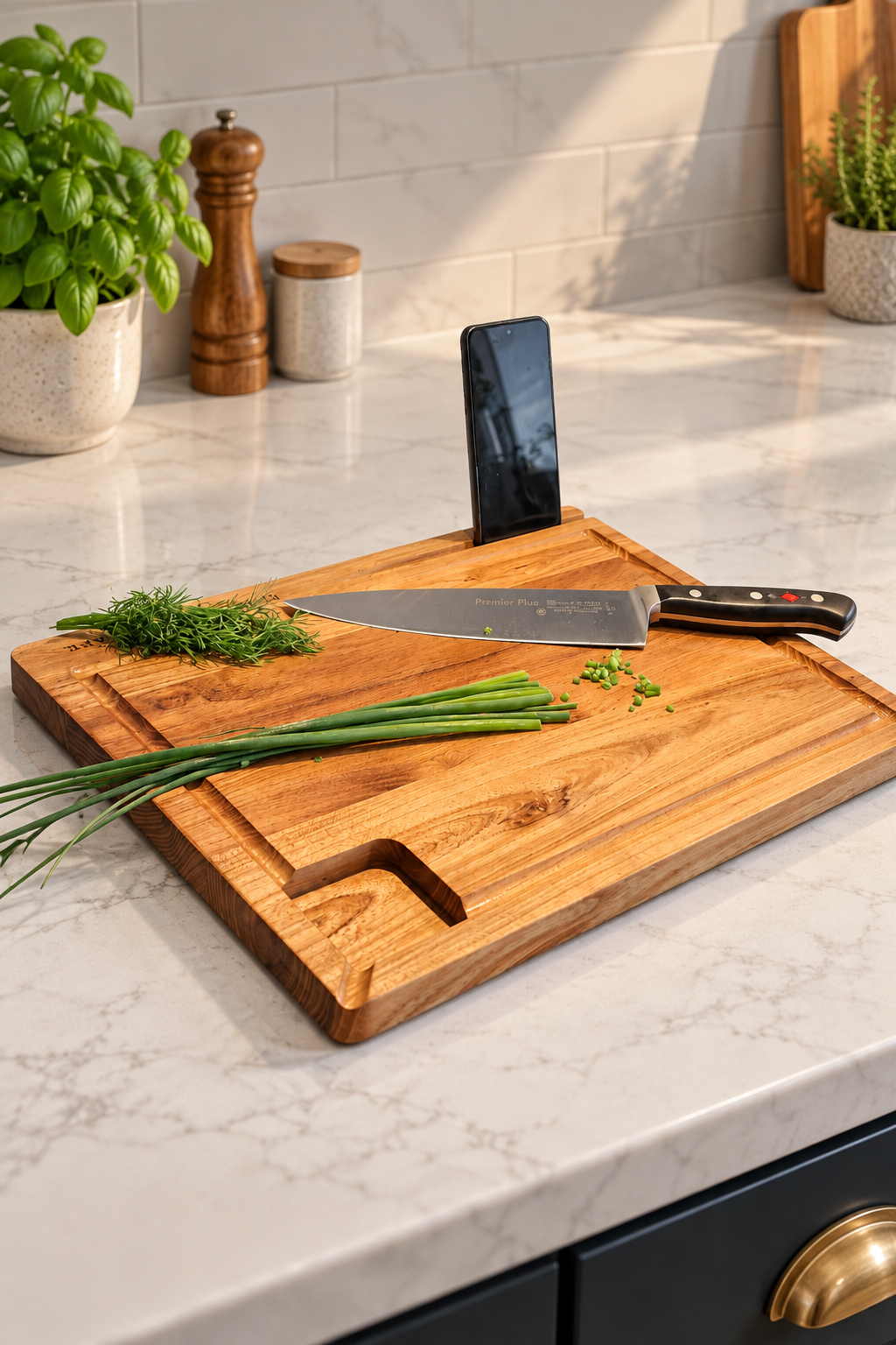A rectangular wooden cutting board with a built-in phone stand, styled on a white marble kitchen countertop with a chef's knife, chives, and herbs.