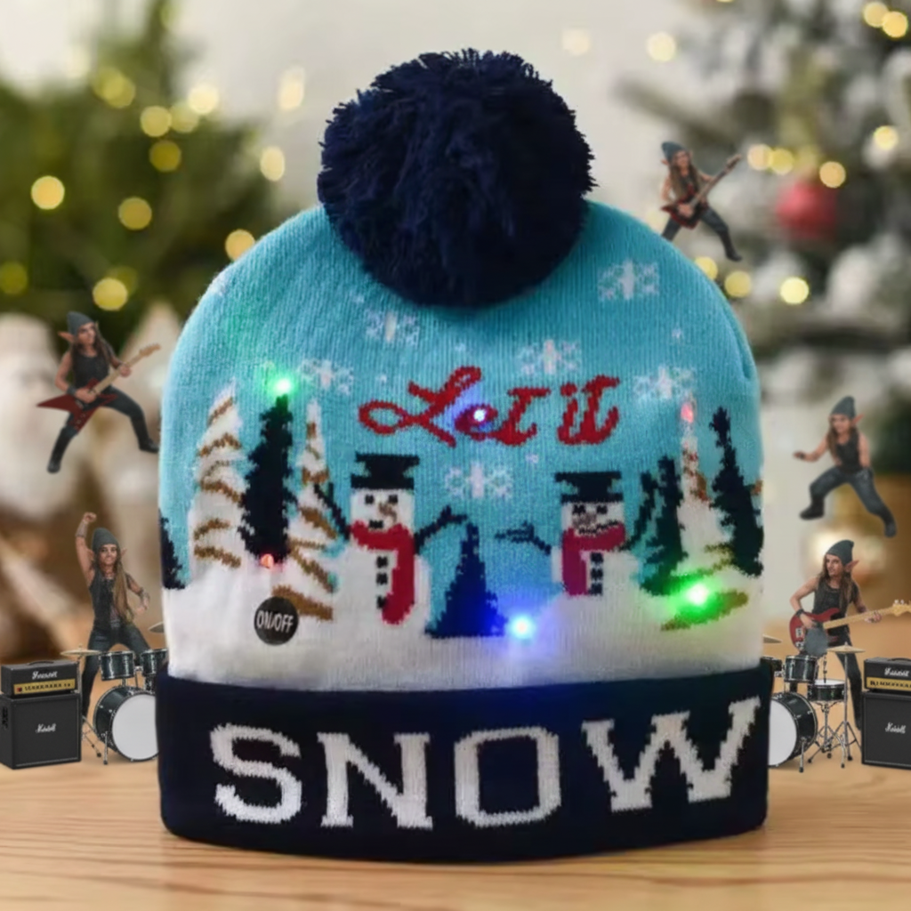 Light-up Christmas-themed beanie with snowmen and trees, featuring the text 'Let it Snow', on a blurred festive background.
