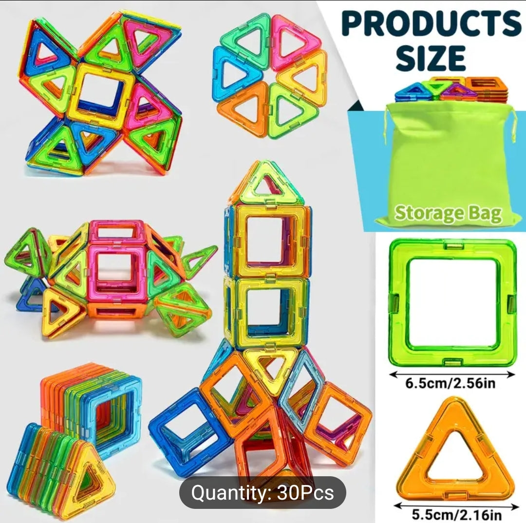 Close-up of magnetic triangle and square tiles