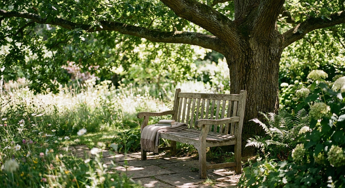 Wooden garden bench for under a shade tree