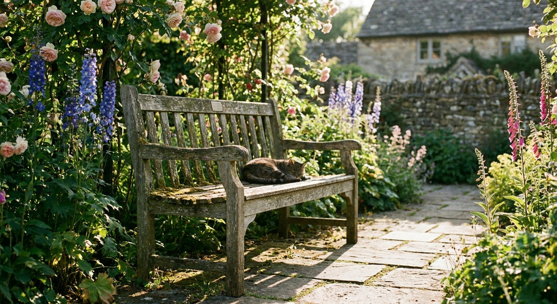 Wooden garden bench for a cottage garden