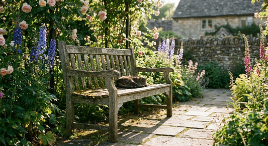 Wooden garden bench for a cottage garden