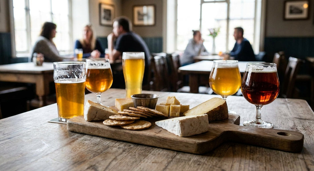Wooden serving boards for a beer and cheese pairing night