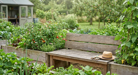 Wooden garden bench for a vegetable garden retreat