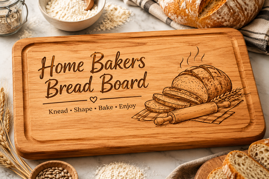 Handcrafted Irish hardwood butcher block board with a freshly sliced sourdough loaf and serrated knife for home bakers.