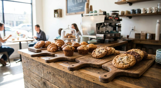 Wooden serving boards for coffee shop pastry displays