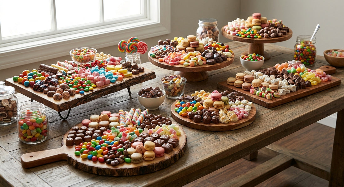 Wooden serving boards for a candy and sweets buffet