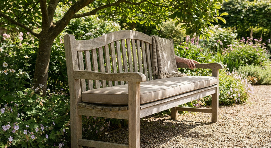 Wooden garden bench with a backrest for elderly comfort