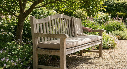 Wooden garden bench with a backrest for elderly comfort