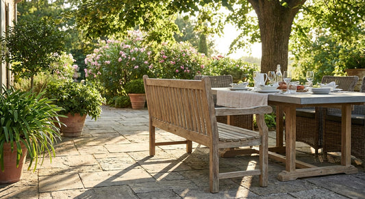 Wooden garden benches for patio dining areas