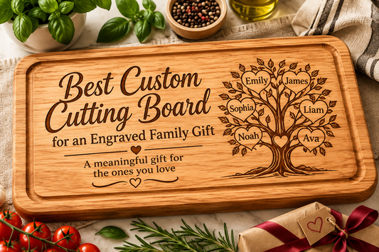 Handcrafted multi-timber end-grain butcher block family gift displayed on a granite kitchen island in Co. Kildare.