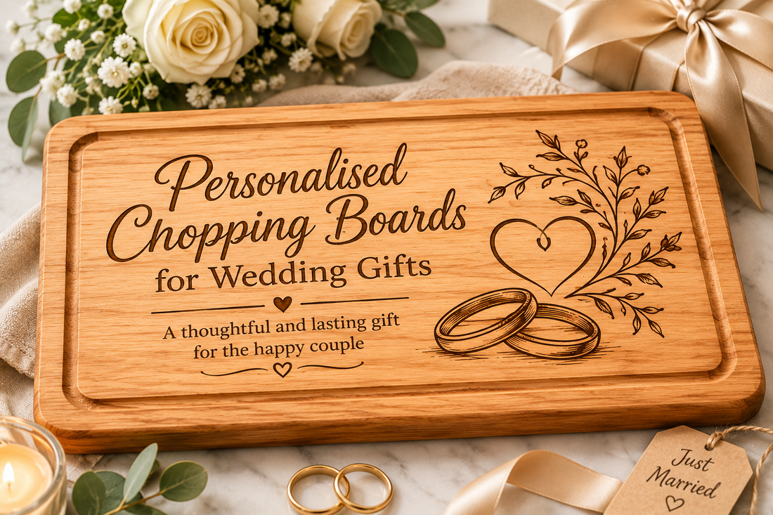 Handcrafted Irish hardwood butcher block wedding gift presented on a rustic kitchen counter in Co. Kildare.