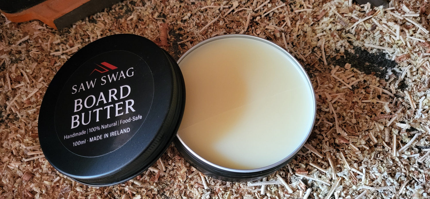 Board butter made with all natural ingrediants food safe in a black metal tin
