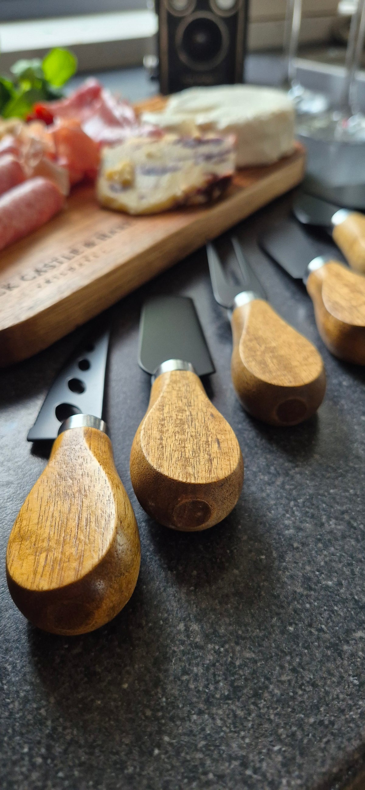 Complete 6-piece cheese and meat knife set laid out flat, an ideal accessory for wooden charcuterie and serving boards in Ireland