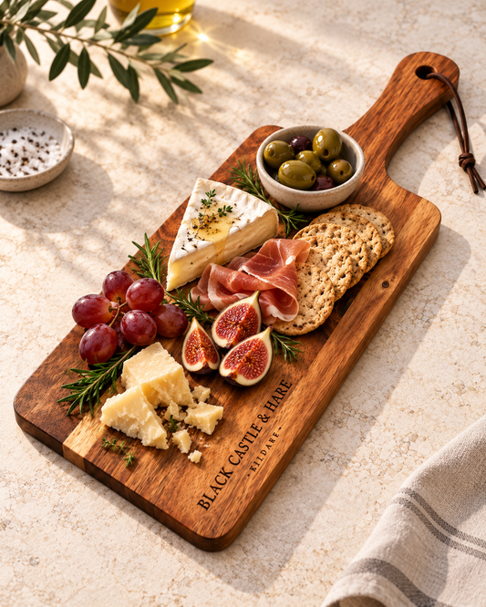 A wooden charcuterie board with a handle, engraved with 'BLACK CASTLE & SHARE', styled with cheese, prosciutto, grapes, figs, olives, and crackers on a textured beige stone surface.