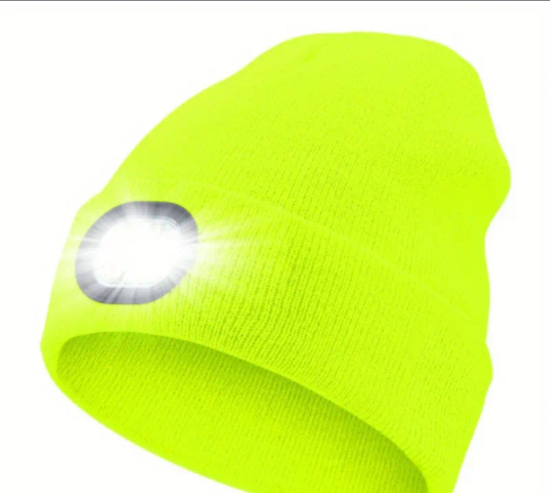 Battery‑powered LED winter hat glowing in dark