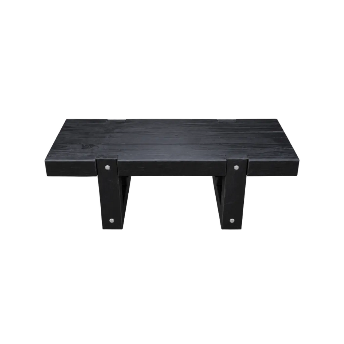 A black wooden coffee table with a thick rectangular top and two angled support legs, shown on a plain white background.