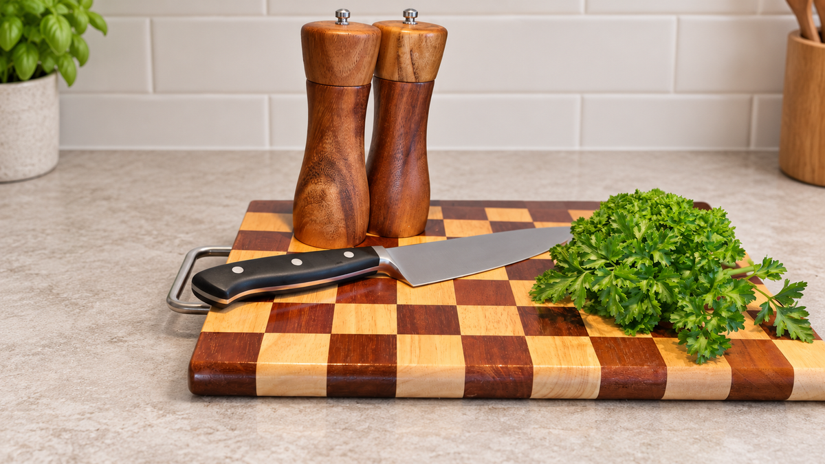 Chequered Rubberwood Chopping Board with Handle