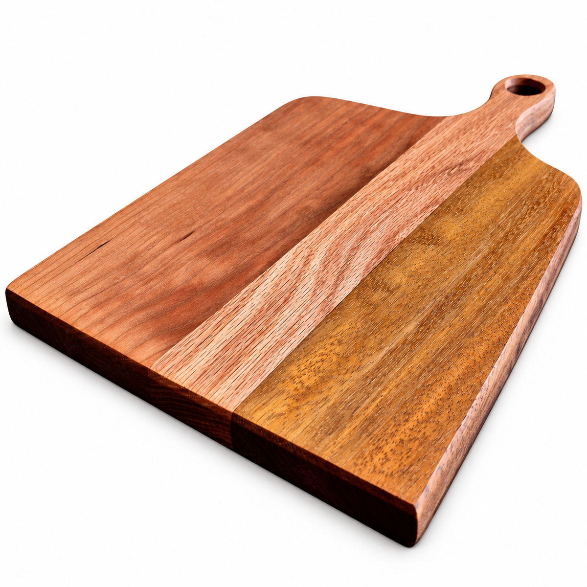 A wooden serving board with a dual-tone design, featuring a lighter reddish-brown wood section on the left and a darker warm brown wood section on the right, with a handle on the right side.