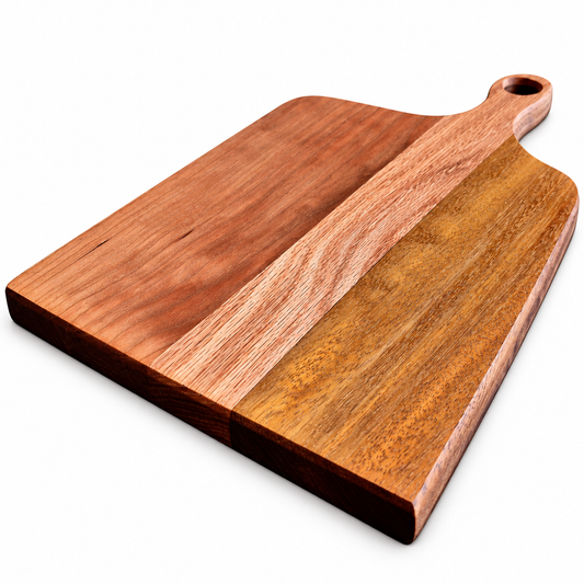 A wooden serving board with a dual-tone design, featuring a lighter reddish-brown wood section on the left and a darker warm brown wood section on the right, with a handle on the right side.