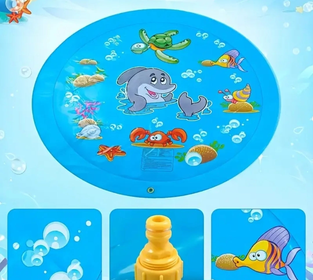 Garden water mat creating gentle splash for kids