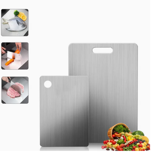 2-piece stainless steel chopping board set with fresh ingredients 