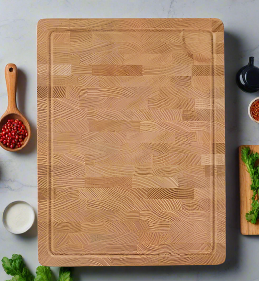 Close-up of red oak end grain chopping board with ingredients