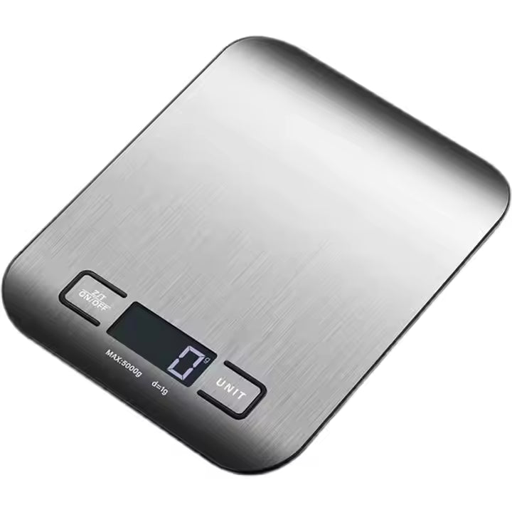 Digital kitchen scale with metallic finish on a white background