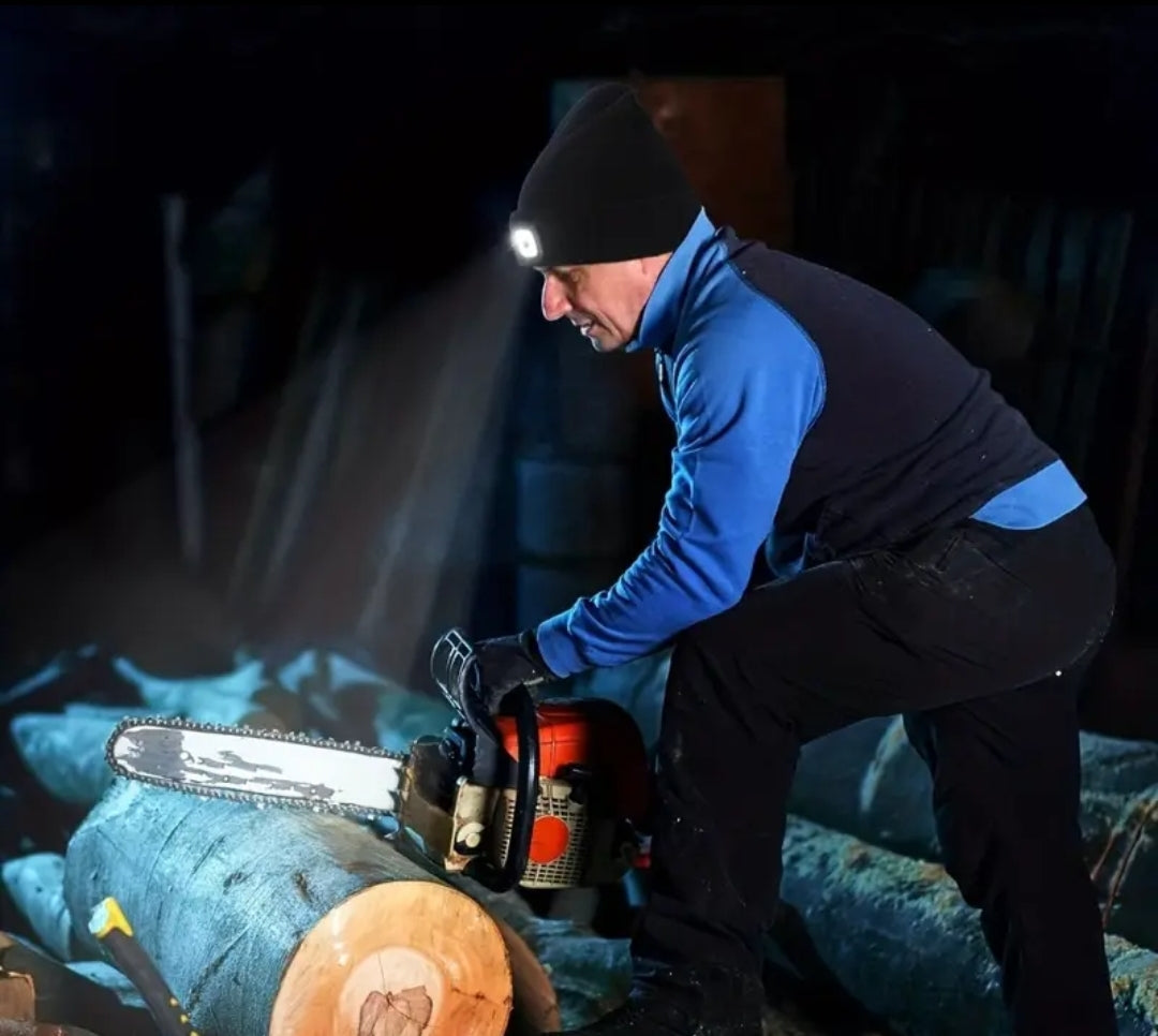 Person wearing LED beanie during night work