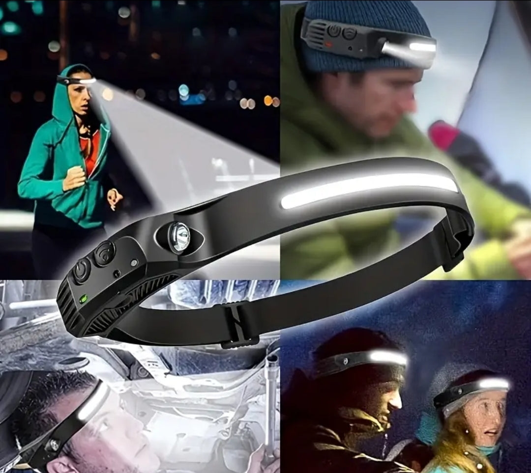 Rechargeable LED head torch showing ultra‑wide 230° beam