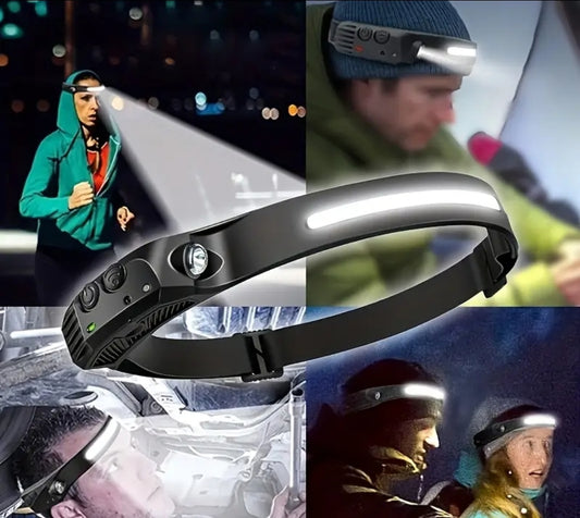 Rechargeable LED head torch showing ultra‑wide 230° beam