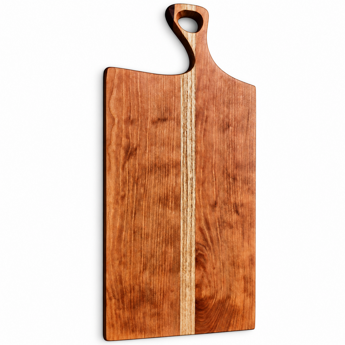 A rectangular wooden serving board with a rounded handle and a central light wood inlay stripe, photographed on a plain white background.