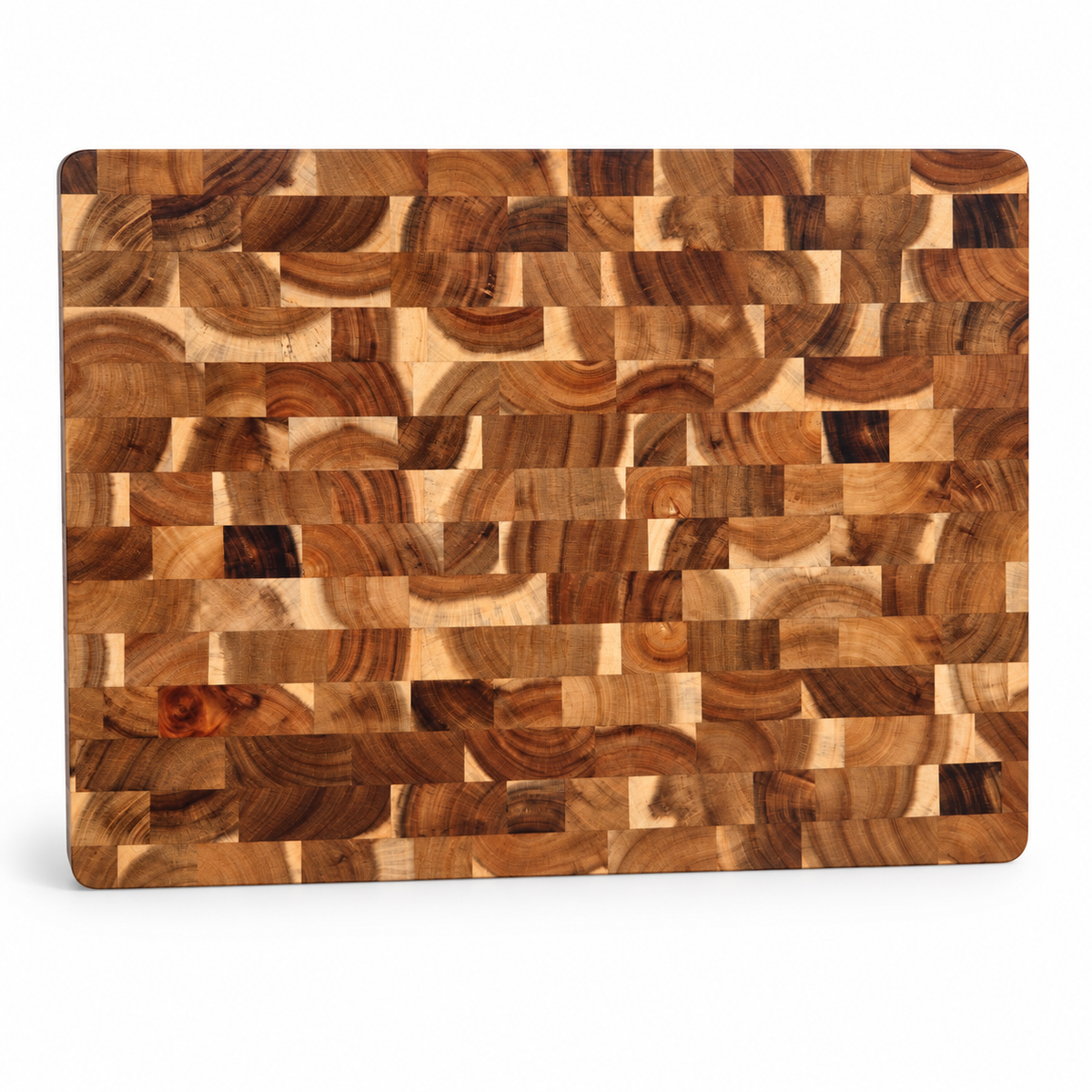 A rectangular wooden cutting board with rounded corners, featuring a detailed mosaic pattern of various wood grain blocks in warm brown and beige tones, shown on a clean white background.