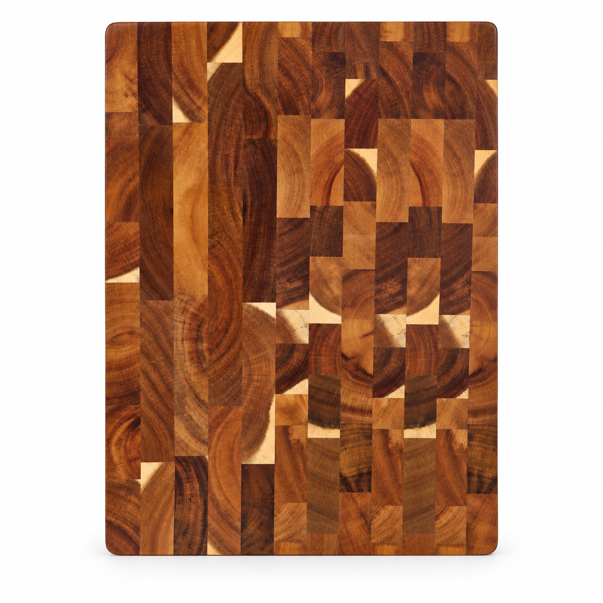 A rectangular wooden cutting board with a geometric mosaic pattern of various wood grain blocks in warm brown and tan tones, shown against a plain white background.