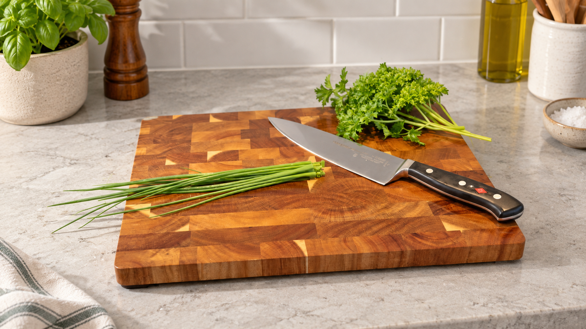 A wooden butcher block cutting board with a geometric pattern, shown on a gray marble kitchen countertop with a chef's knife, chives, and parsley.