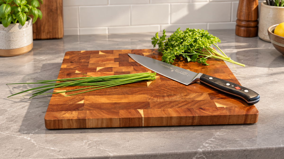 A rectangular wooden butcher block cutting board with a patchwork pattern, shown on a gray kitchen countertop with a chef's knife, chives, and parsley.