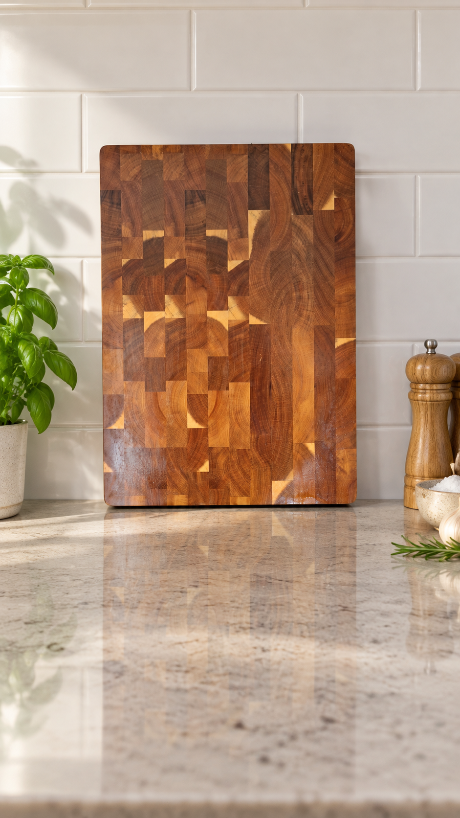 A rectangular wooden cutting board with a geometric block pattern, standing upright on a marble kitchen counter against a white subway tile backsplash.