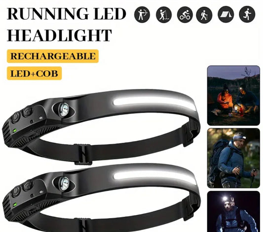 Person wearing COB headlamp in dark outdoor setting