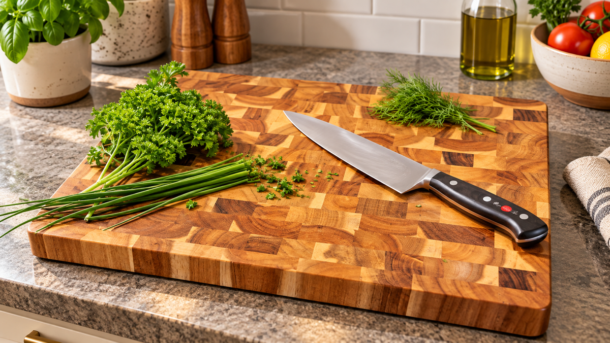 A large rectangular wooden butcher-block style cutting board with a striped parquet pattern, shown on a granite kitchen countertop. A chef's knife with a black handle rests on the board, alongside fresh parsley, chives, and dill.