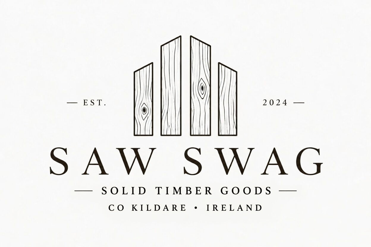 Logo for Saw Swag with wooden planks and text on a white background