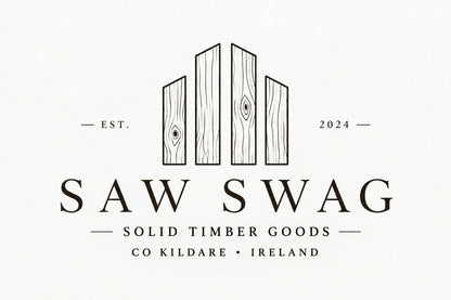 Logo for Saw Swag with wooden planks and text on a white background
