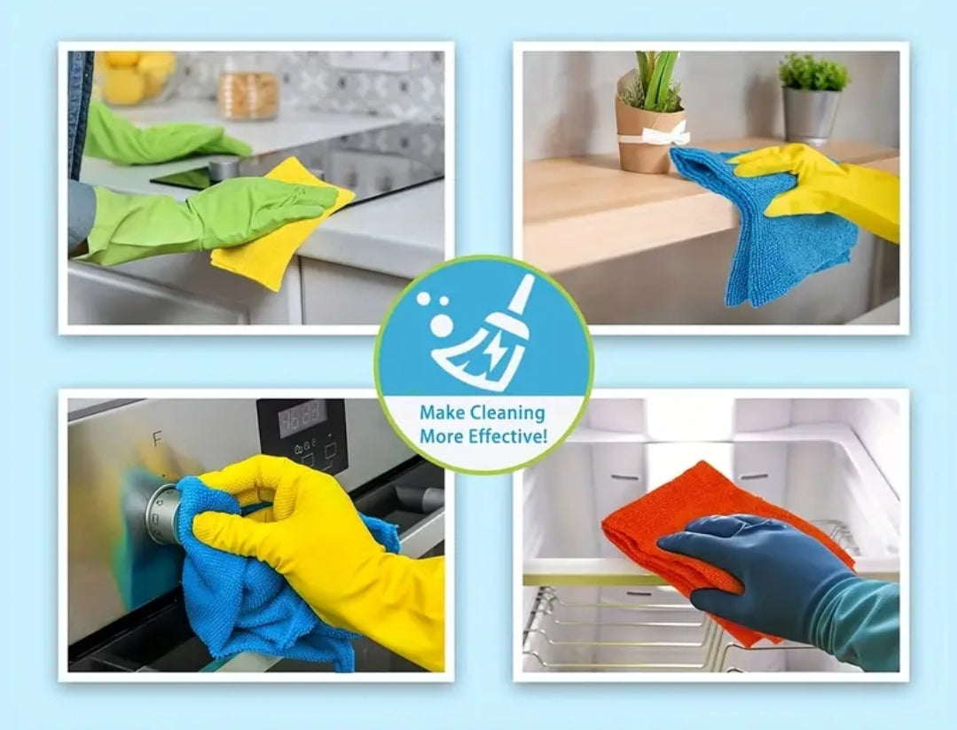 Microfiber towels cleaning kitchen countertop surface