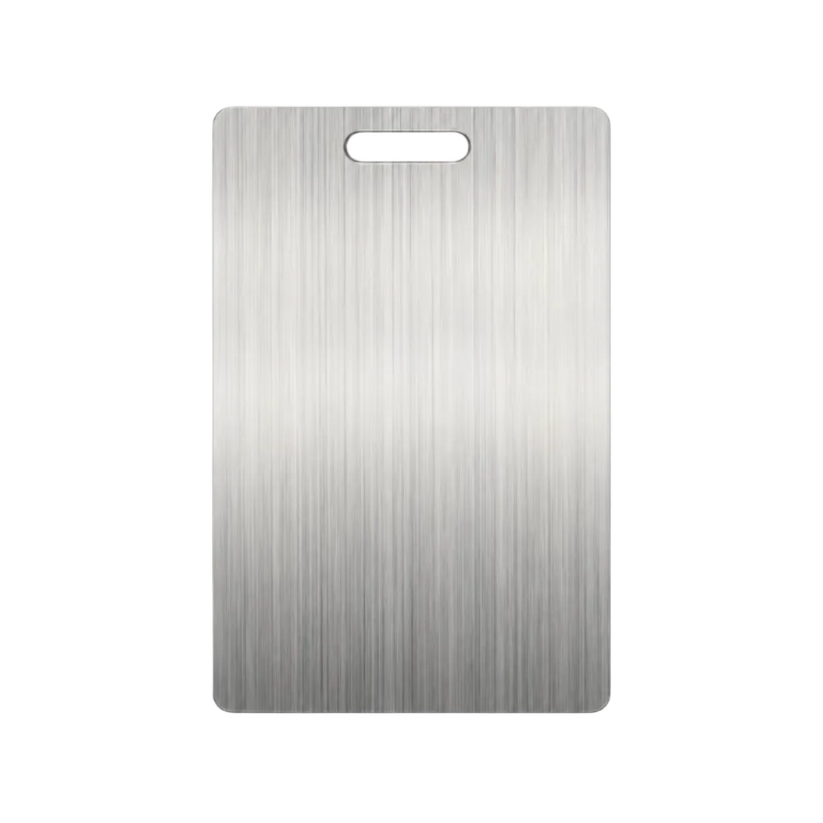 A rectangular stainless steel cutting board with a brushed metal finish and a cutout handle at the top, shown on a plain white background.