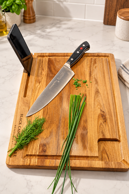 A wooden kitchen cutting board with a built-in black knife block, shown on a white marble countertop with a chef's knife, dill, and chives.