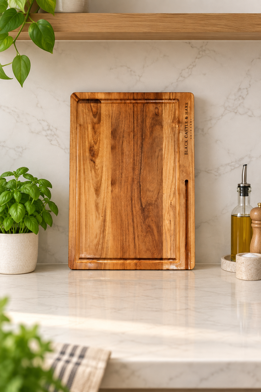 A rectangular wooden cutting board with a warm medium-brown finish and visible wood grain, standing upright on a white marble kitchen counter. The board has 'BLACK CAVES & HOLE' printed vertically on the right edge.